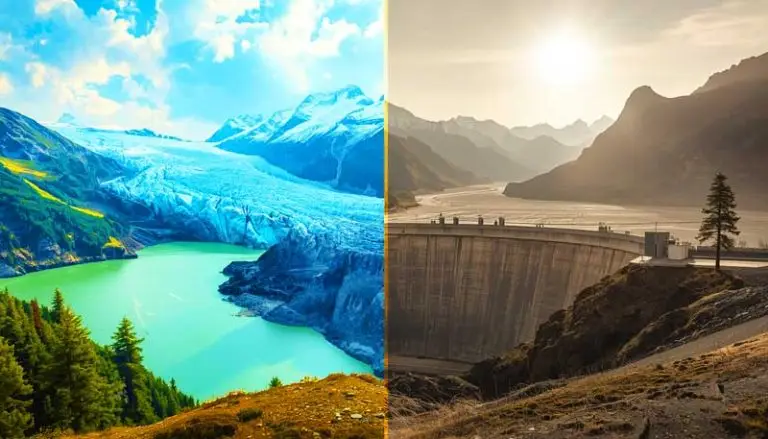 Драматичное и очень реалистичное изображение австрийских Альп, выполненное в стиле панорамной съемки с разделением на две части. Слева — историческая фотография или снимок в стиле «выцветшей фотографии», демонстрирующий массивный, красивый ледник, подобный Пастерце, в его былой красе, заполняющий зеленую долину льдом. Справа — тот же пейзаж в наши дни под палящим солнцем.