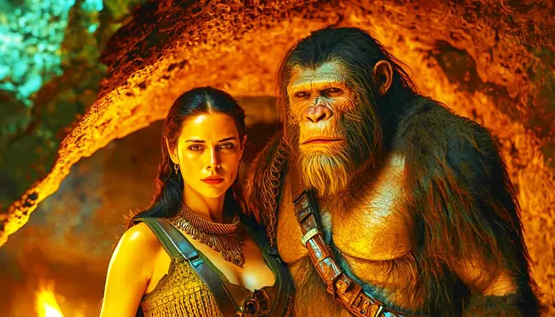 homo sapiens woman and neanderthal man standing