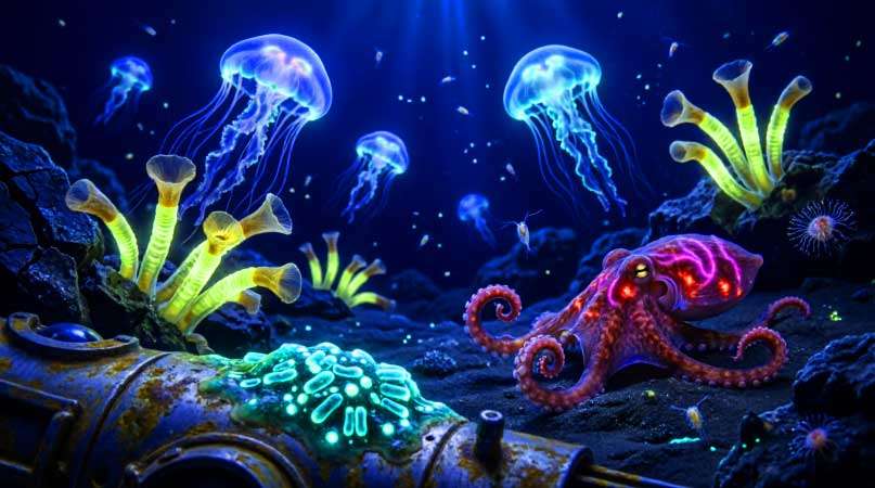 экосистема впадины с биолюминесцентными организмами